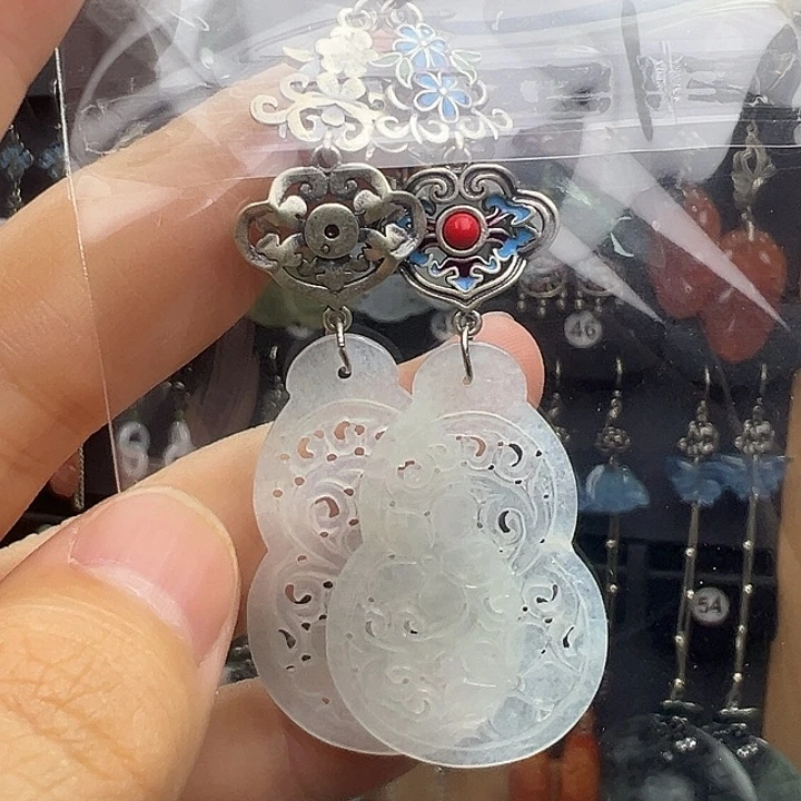 赤***圆翡翠银S925镶嵌耳饰
