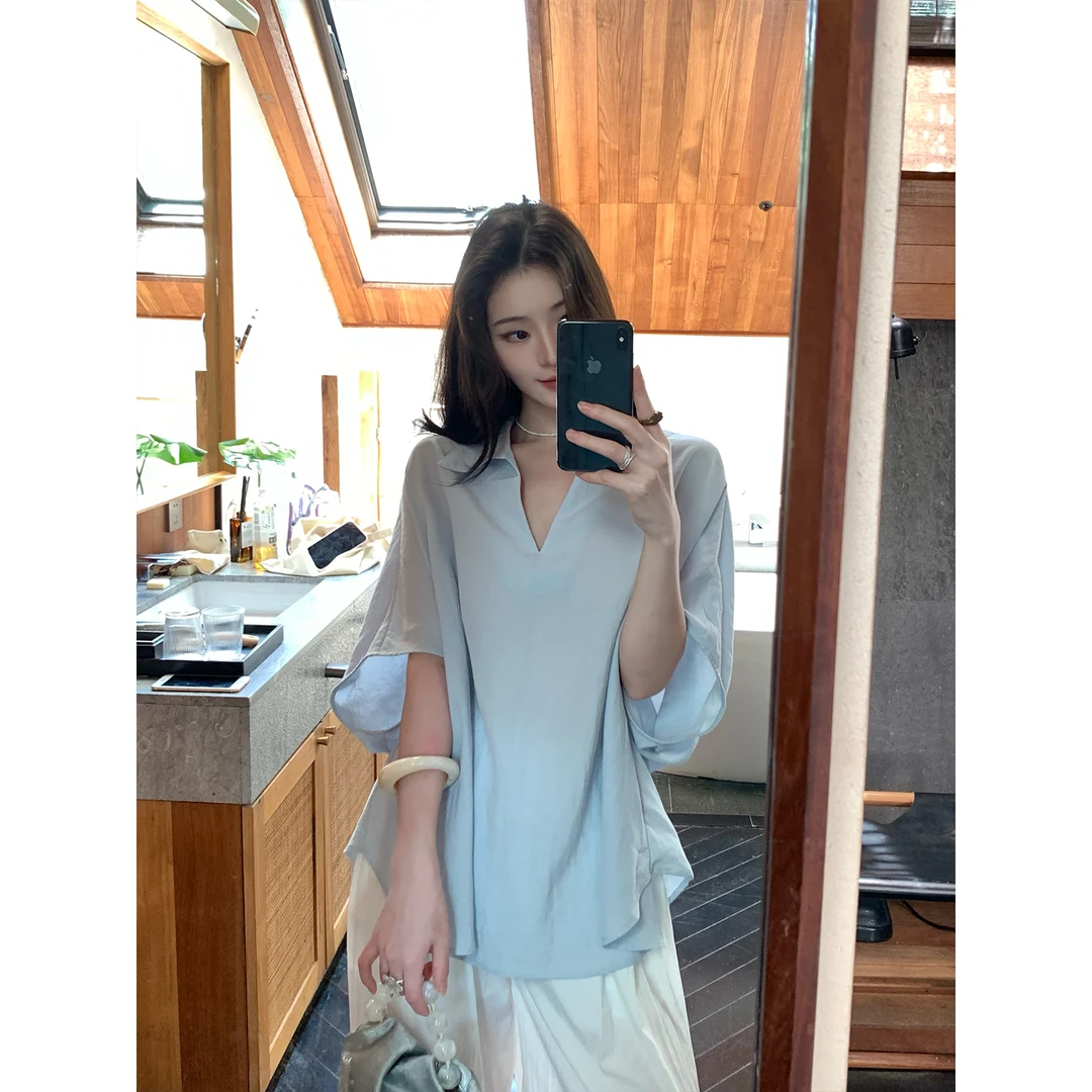 ICELOLLY老钱风亚麻宽松蓝色短袖衬衫女夏薄款衬衣松弛感小资上衣