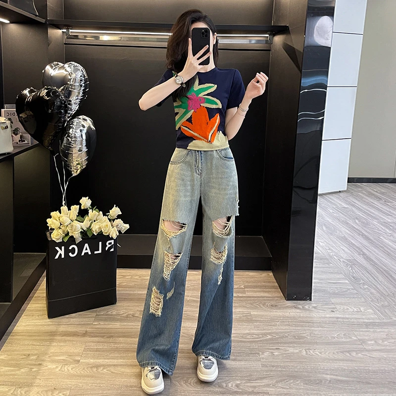 气质多巴胺印花T恤套装女夏季新款ins破洞阔腿牛仔长裤两件套辣妹
