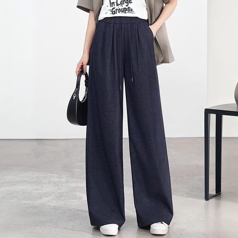 【靓衣园】时尚高腰显瘦系带阔腿仿牛仔拖地长裤（24092）