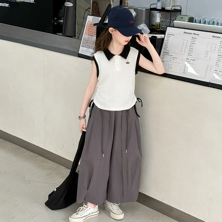 女大童炸街潮服女童套装夏季10-15岁洋气套装小女孩polo衫阔腿裤
