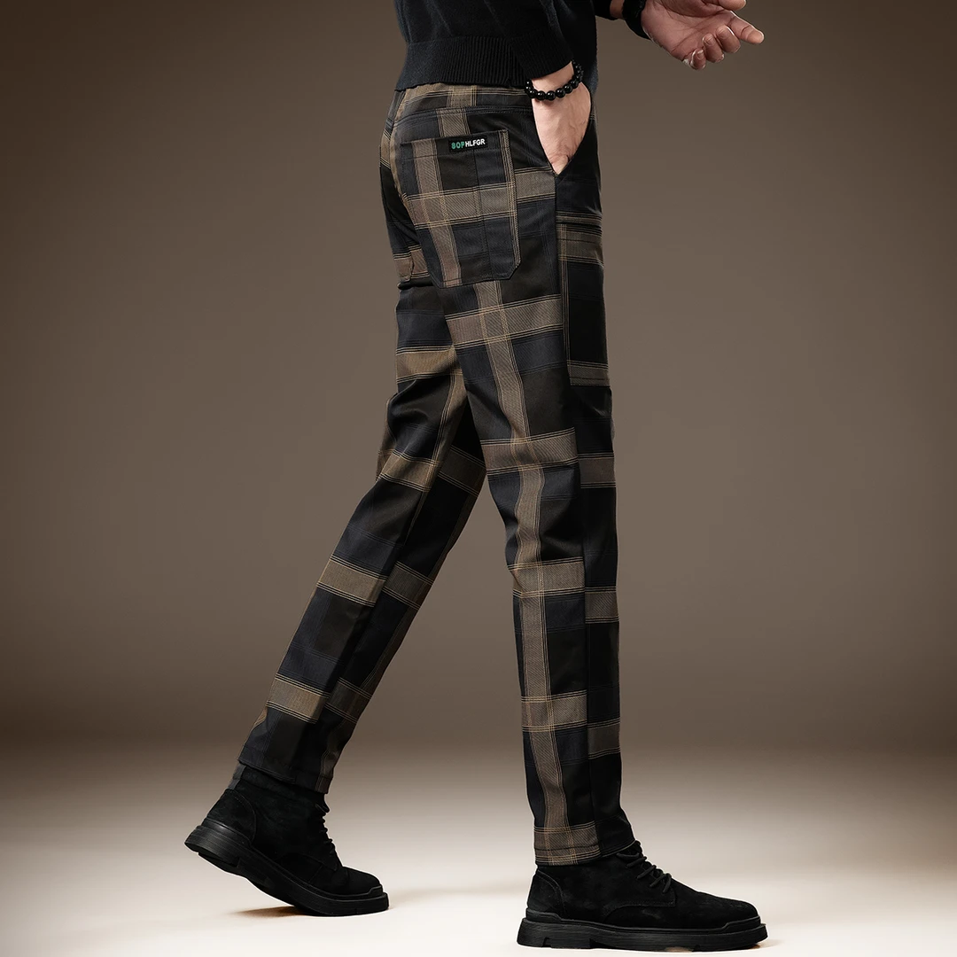 LEROLEHAR高端格子休闲裤男新款加厚秋季裤子商务修身直筒长裤