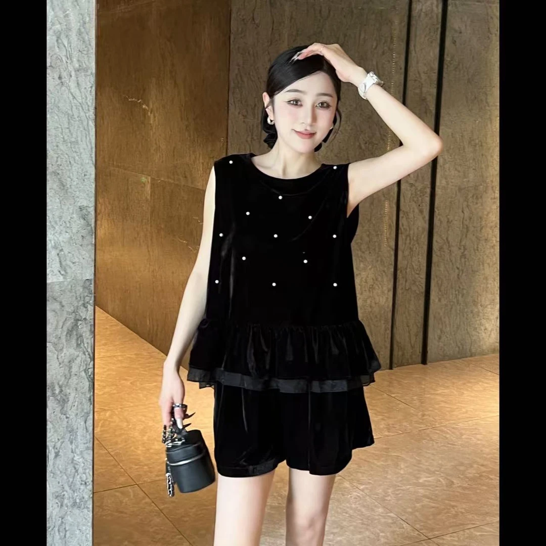 TANMEI 拼接宽松时尚套装中国风夏季黑色丝绒气质吊带套装