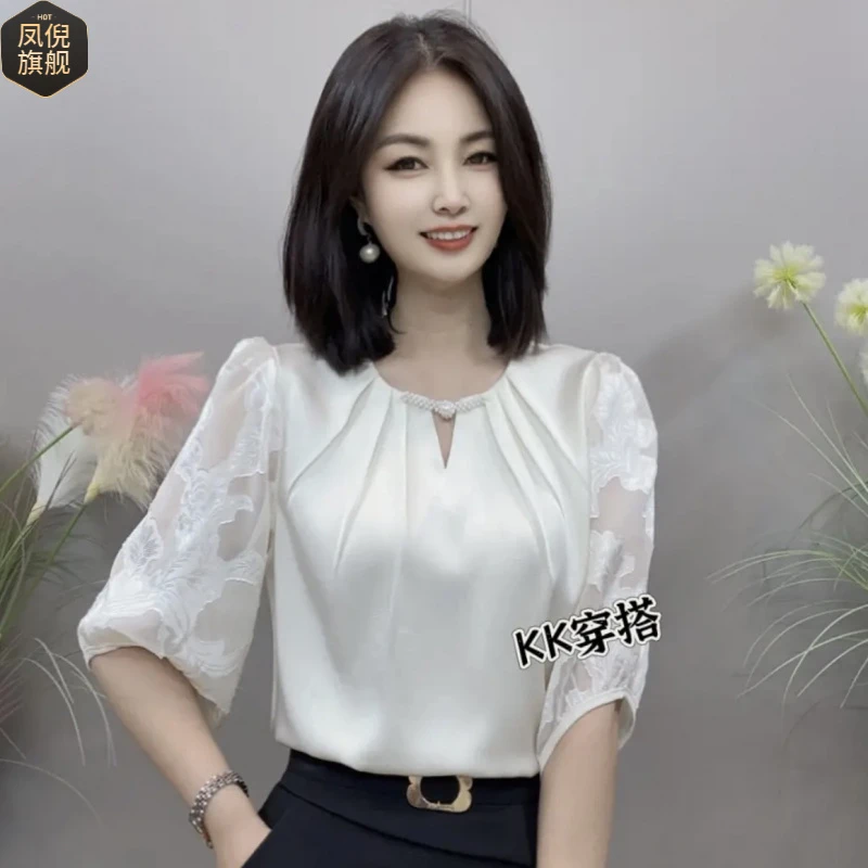 高档白色雪纺衫女短袖2025夏季新款宽松遮肉时尚气质淑女上衣女装