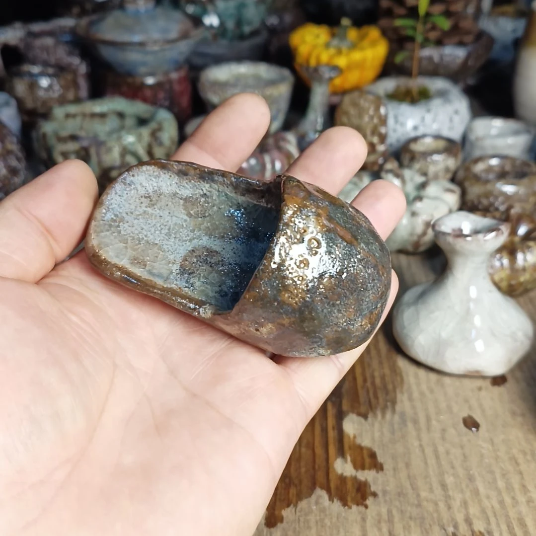 志野柴烧手捏拖鞋谭*