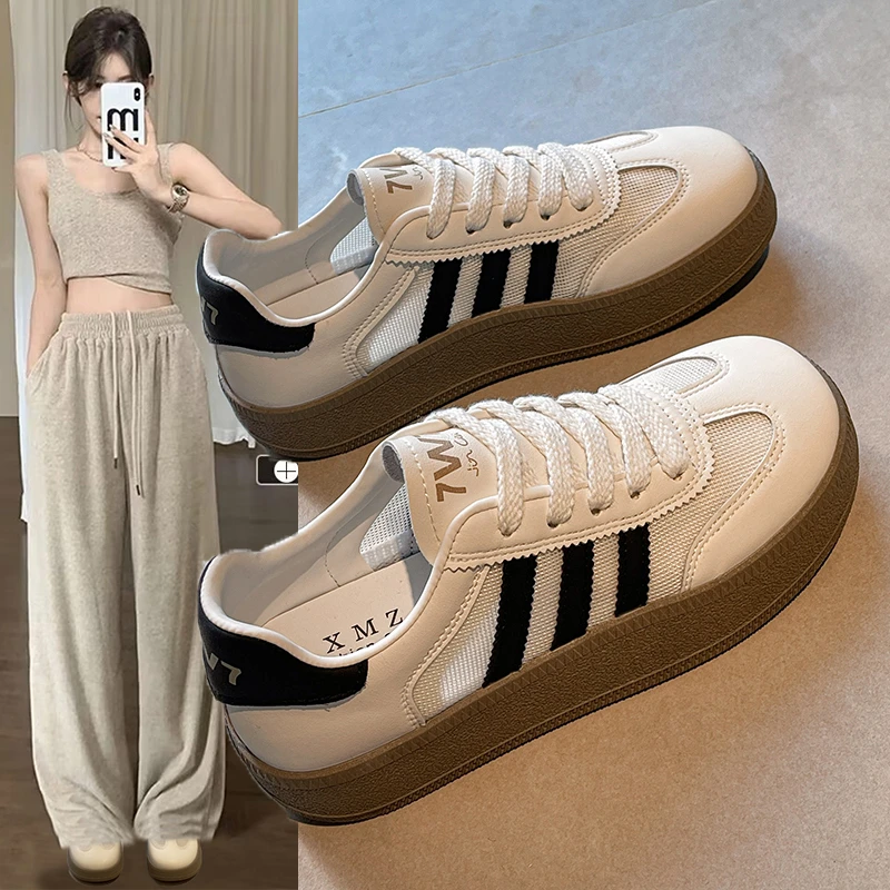 专柜正品网面德训鞋女2025爆款春夏季透气厚底小白鞋学生运动网鞋