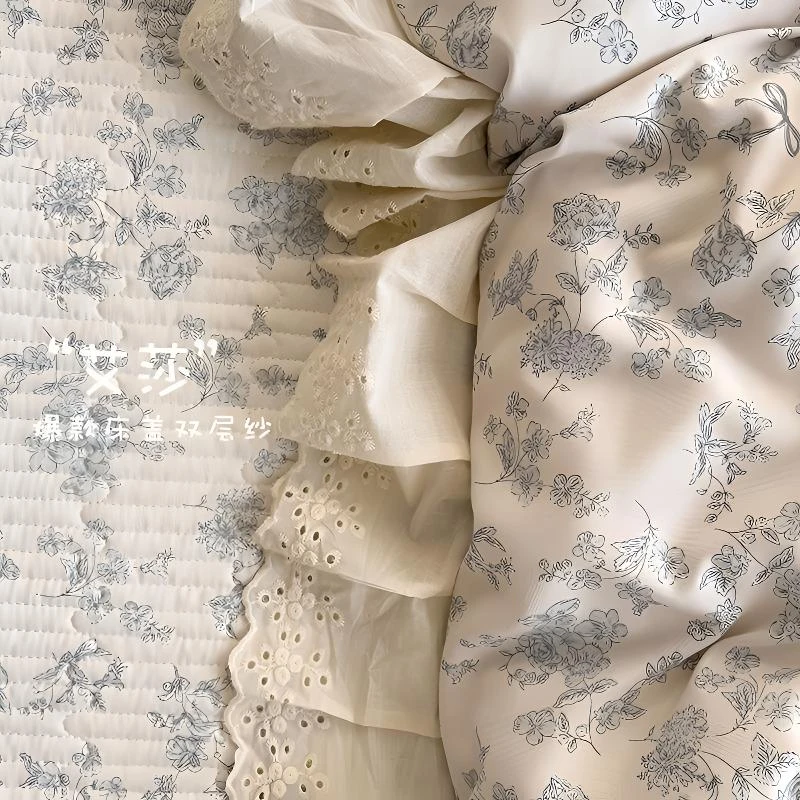 新款A类针织双层纱花边床盖四件套小清公主风碎花被套床盖三件套