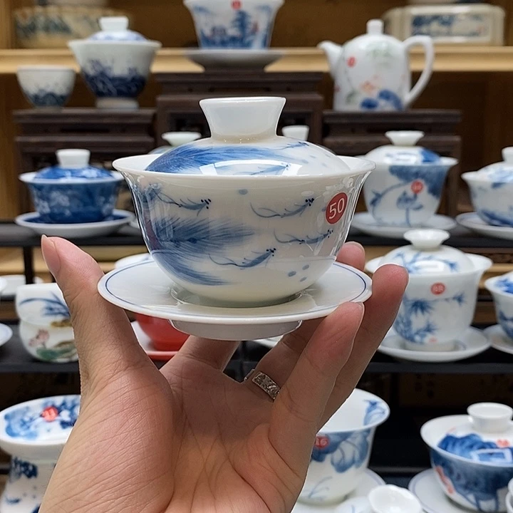 手绘小鱼孔雀130盖碗釉下彩高温瓷微瑕福利款