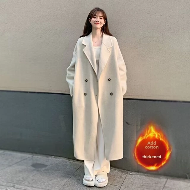 中长款毛呢外套女春冬加棉学生直筒宽松过膝大衣双排扣慵懒风衣厚