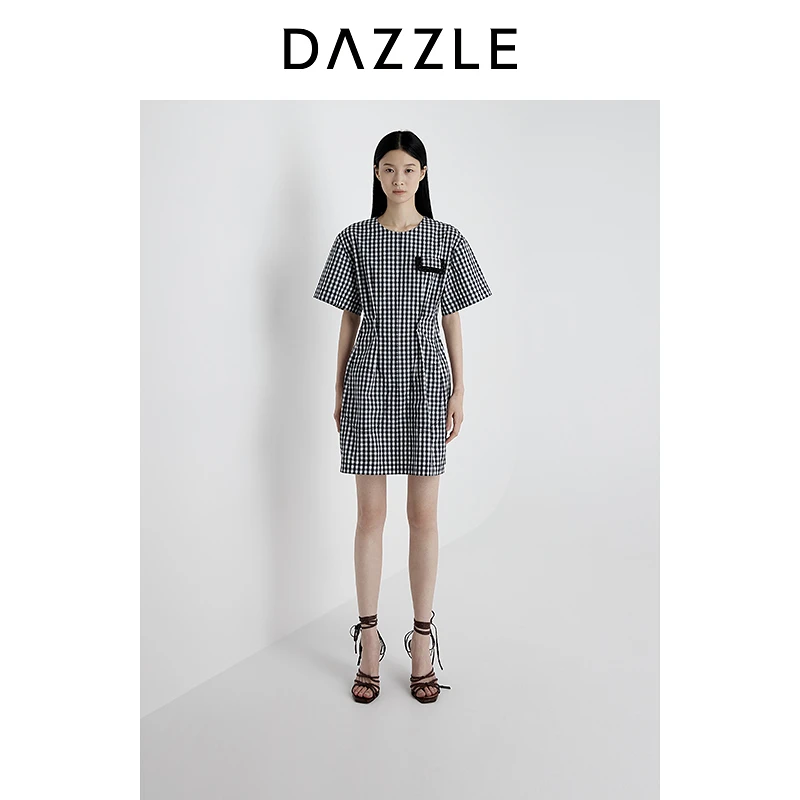 DAZZLE 地素连衣裙2025年夏季新款深蓝色格子连衣裙2J2O485