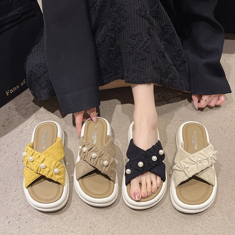 2025新款仙女风松糕交叉厚底拖鞋海边沙滩拖鞋女士凉拖鞋外穿