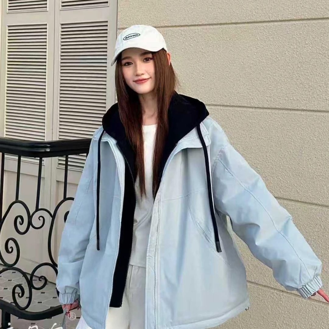 博妈童装2025秋冬新款时尚百搭拉链连帽假两件冲锋衣绗棉外套