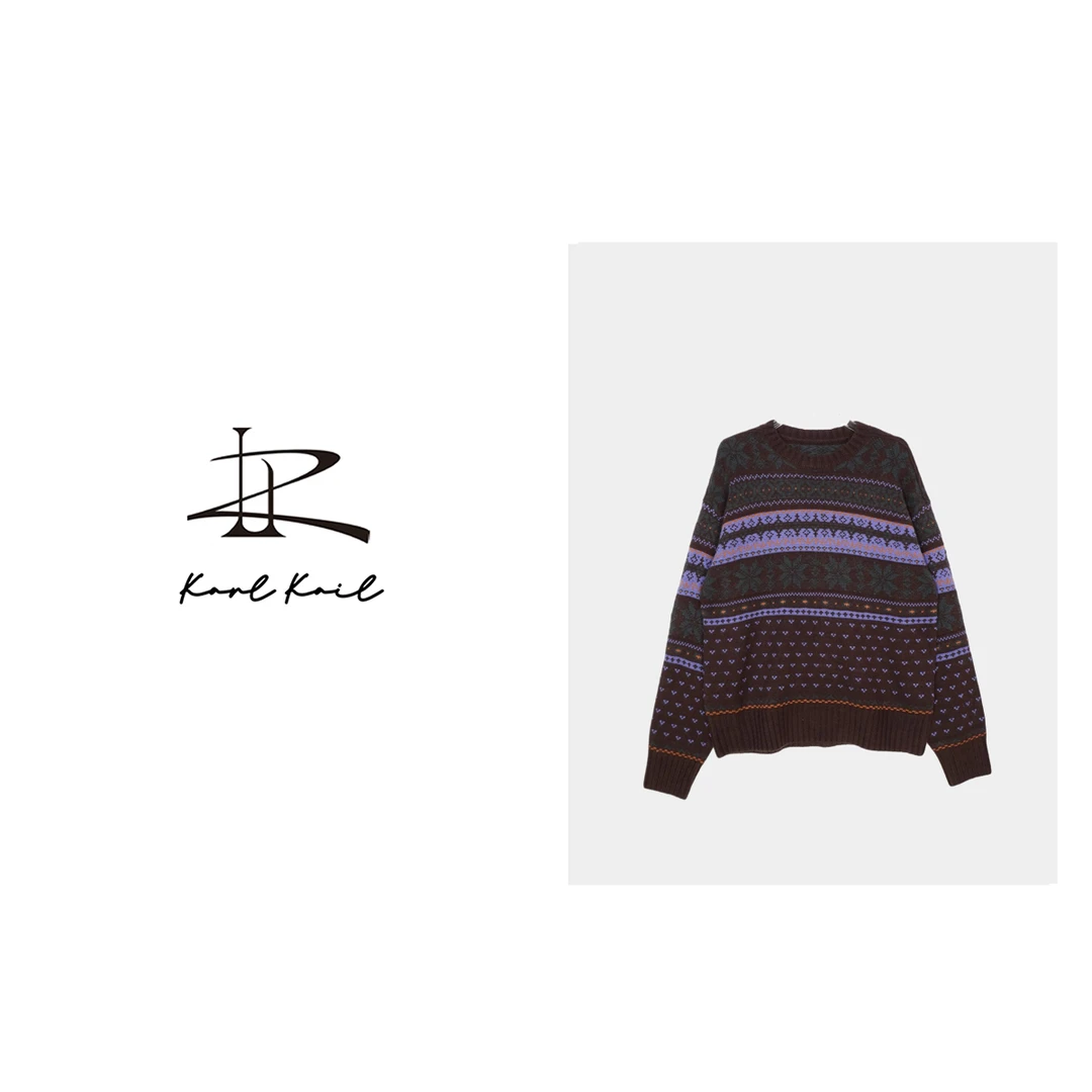 kAREKAIE设计师品牌25秋冬粗支咖色提花拼色圆领套头大毛衣250875