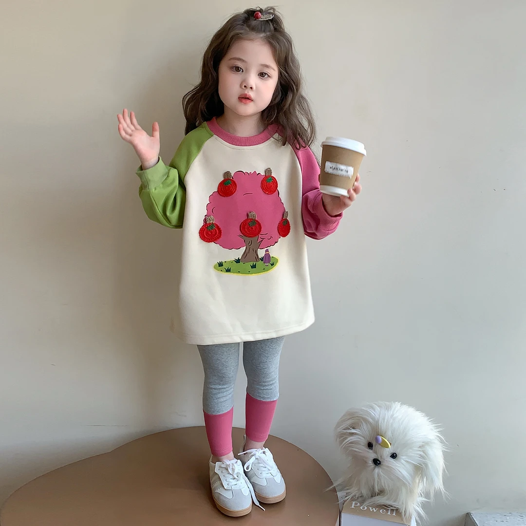 女童苹果树套装春秋款洋气小女孩时髦女宝宝卫衣中长款休闲两件套