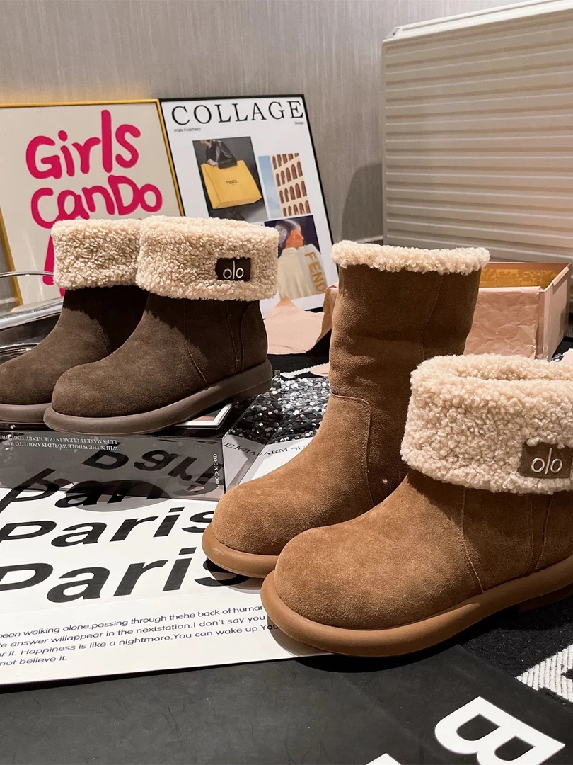 【小围脖】翻毛皮两穿平底雪地靴短靴加绒棉靴勃肯鞋小土豆毛毛鞋女