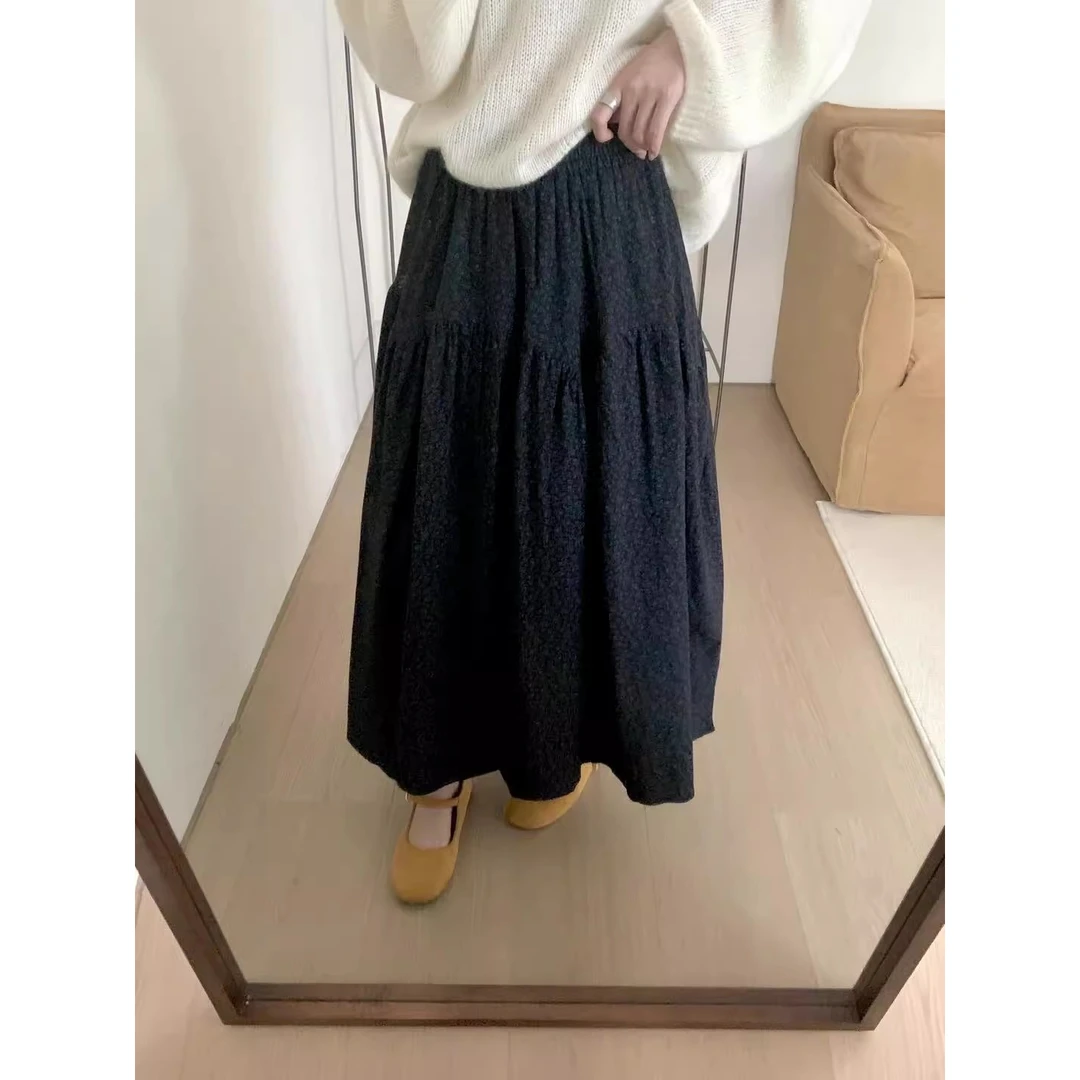 韩系复古小碎花口袋半身裙女秋冬新款百搭松紧腰遮胯显瘦a字伞裙