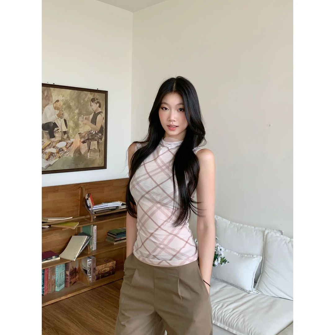 withmin凉皮 粉色巴黎 格纹中领无袖收腰显瘦辣妹背心上衣2523767