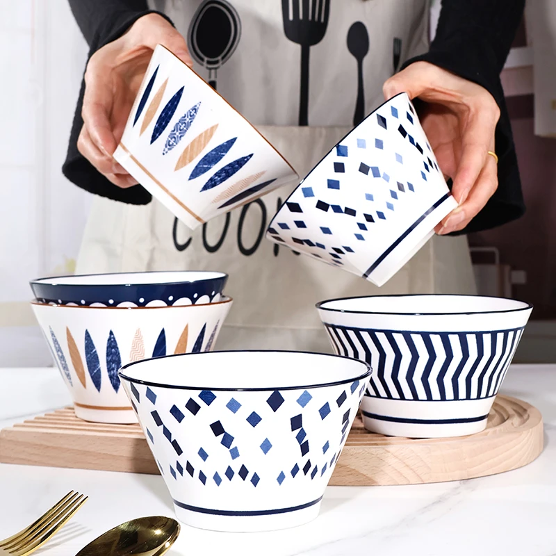 6只装5英寸日式印花家用大号釉下彩斗笠碗加深吃饭碗