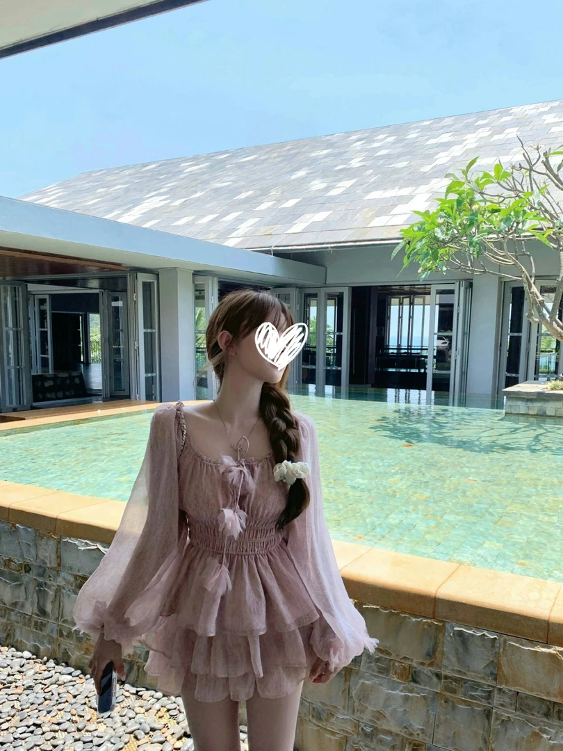 夏夜曼塔/绝美繁花紫飘带花朵收腰上衣半裙仙女套装