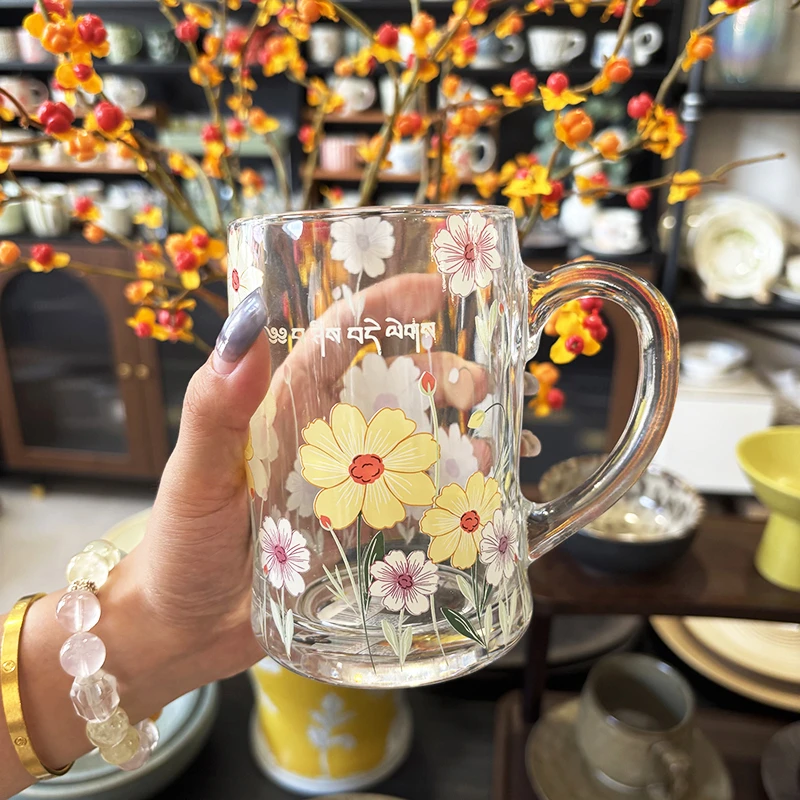 【摩登空间】铃兰花大号380ml单柄玻璃杯啤酒杯牛奶杯果汁家用水杯