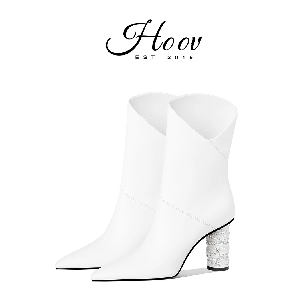 HOOV A/W小众原创定制珍珠粗跟短靴女2025新款尖头小牛皮高跟靴子