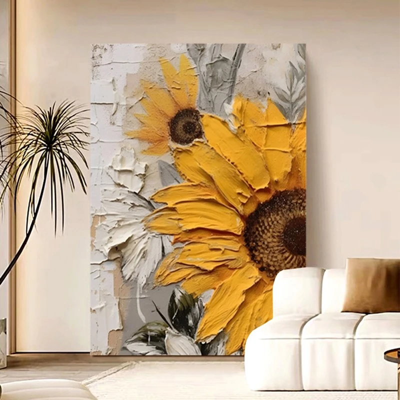 纯手绘油画《向日葵》客厅沙发背景装饰画玄关餐厅挂画厚肌理壁画