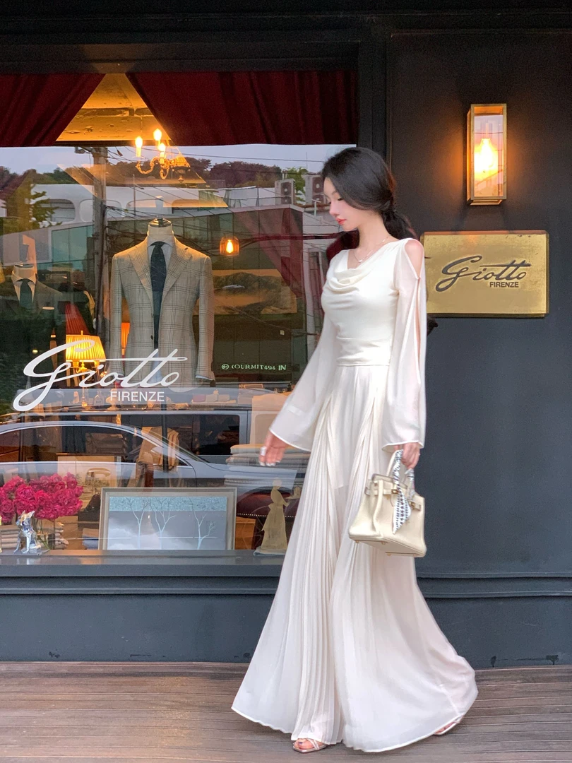 【雅乔定制】爱琴海岸 珍珠雪纺上衣阔腿裤套装两件套DYYK-25022226