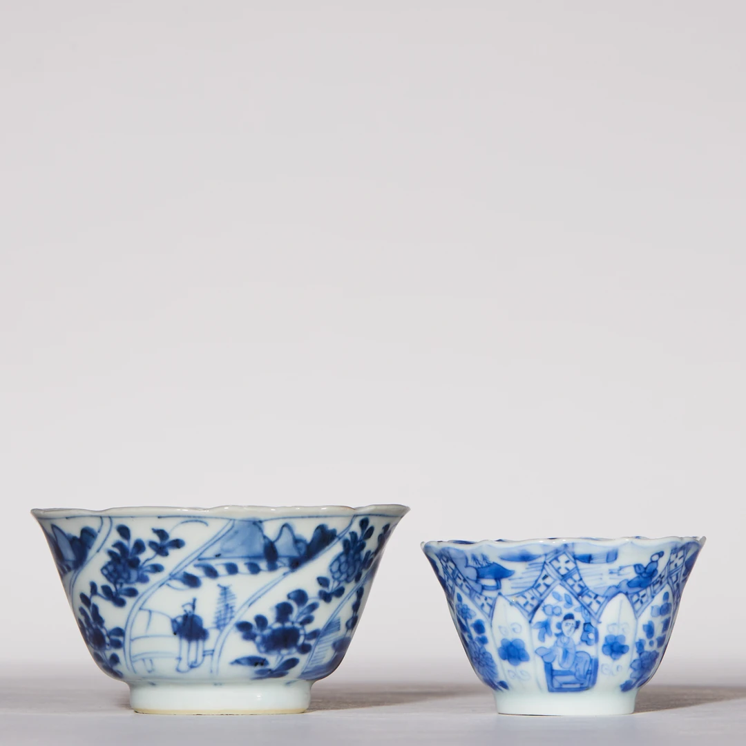 4876清康熙·青花花卉、人物杯两只【古董拍卖】