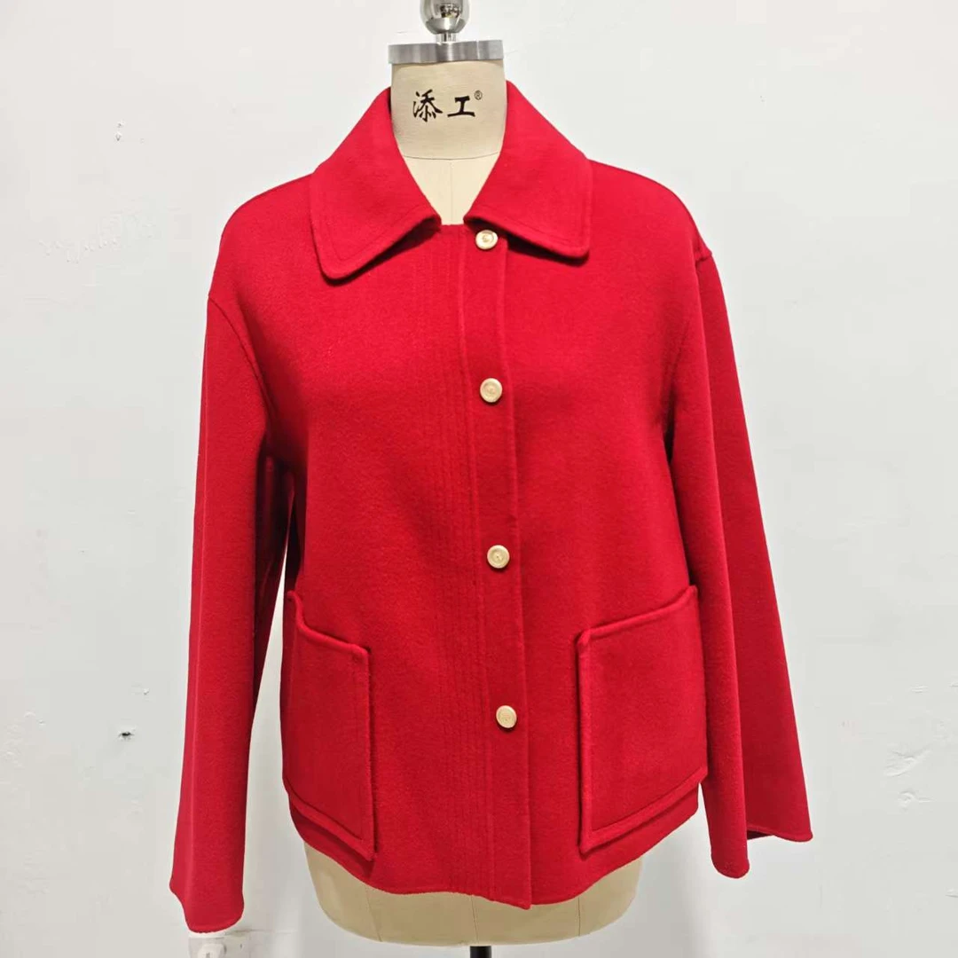 （10058）鄂市产地 方领单排扣大口袋中长款外套