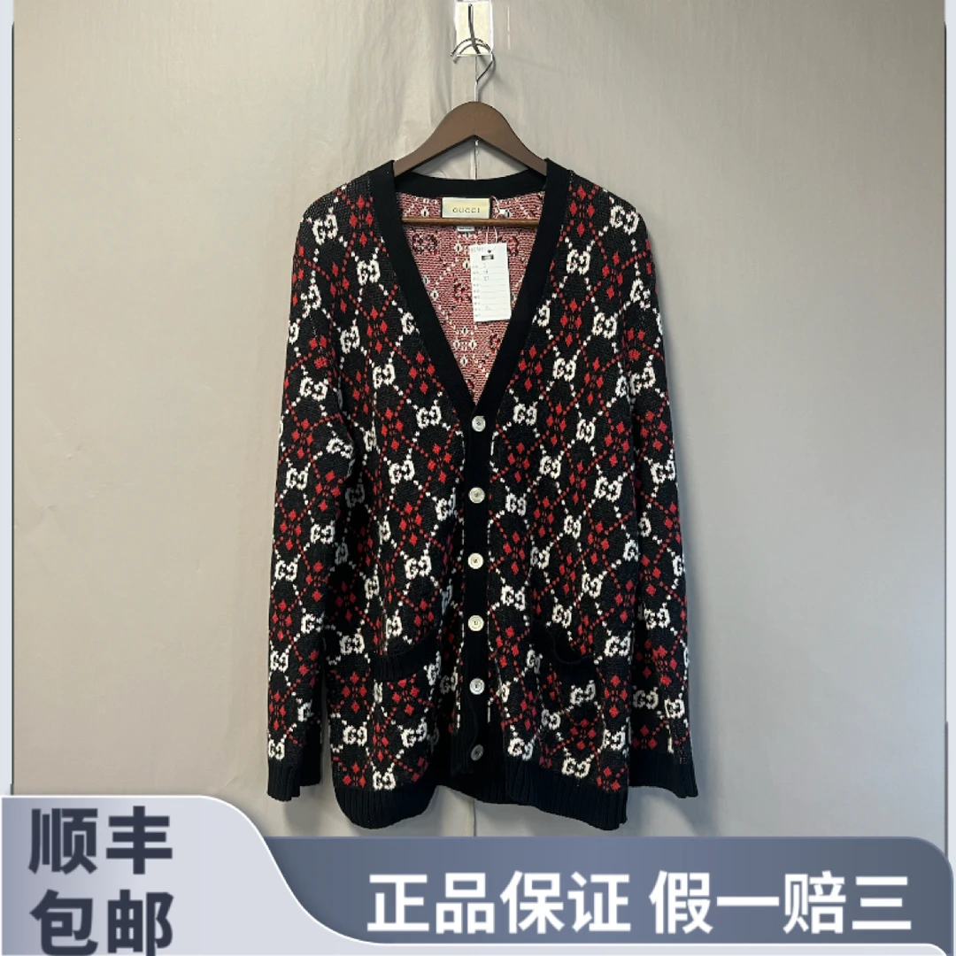 99新 GUCCI/古驰 黑红满logo老花针织开衫外套 xl码99新#LL6331