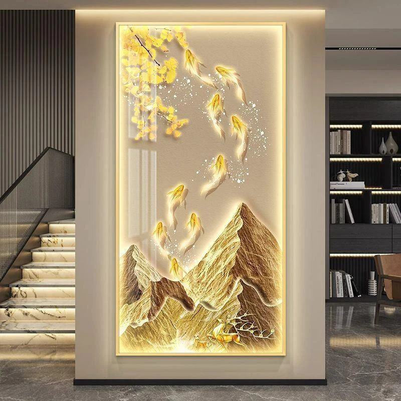 九鱼图轻奢led灯入户玄关装饰画走廊过道挂画壁画简约现代高级感