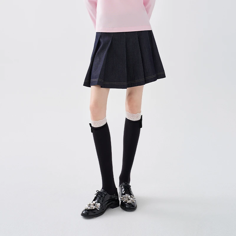 【学院千金】茶愫牛仔撞色明线a字百褶裙半身裙25早秋新KN1808D31