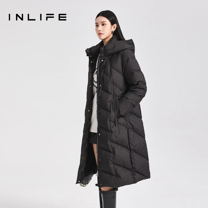 inlife中长款连帽加厚白鸭绒羽绒服女时尚保暖过膝外套T23D3Y7805