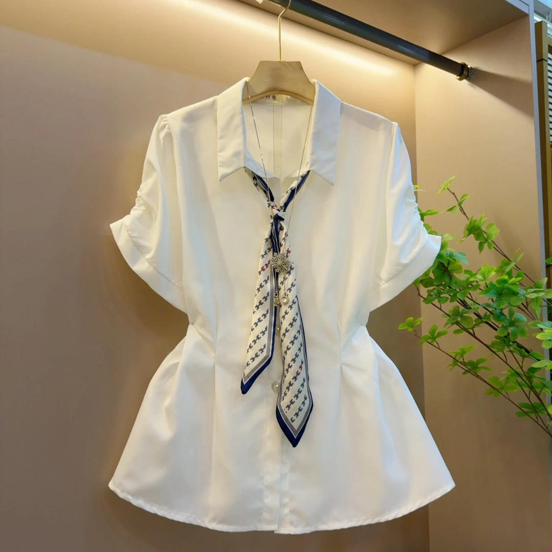 时尚夏季款百搭减龄气质宽松领结轻奢纯色翻领上衣（长67左右）