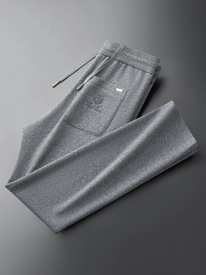 秋季轻奢时尚老钱风桑蚕丝羊毛呢裤子男士直筒卫裤加厚保暖休闲裤