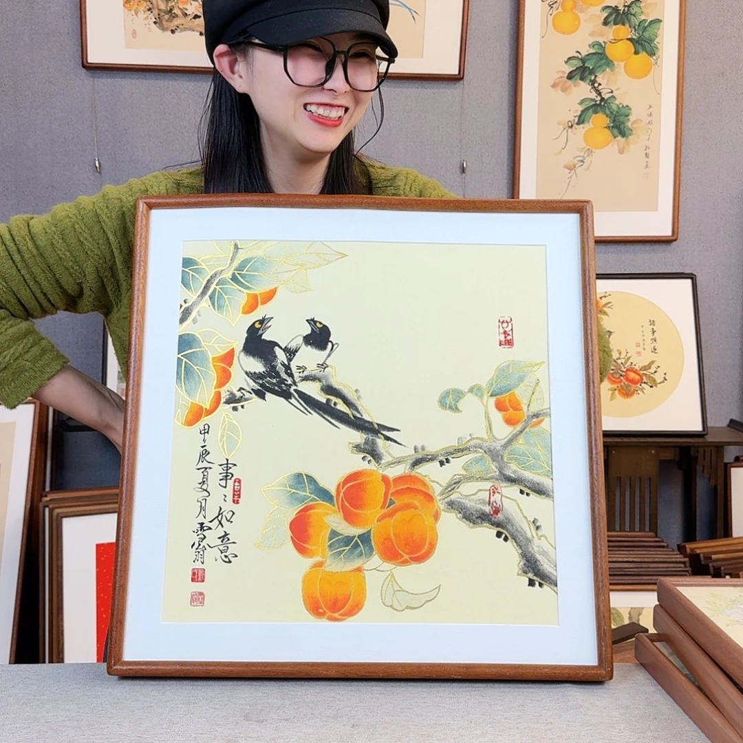 版画纯手绘，纯手写带框尺寸：53×53厘米