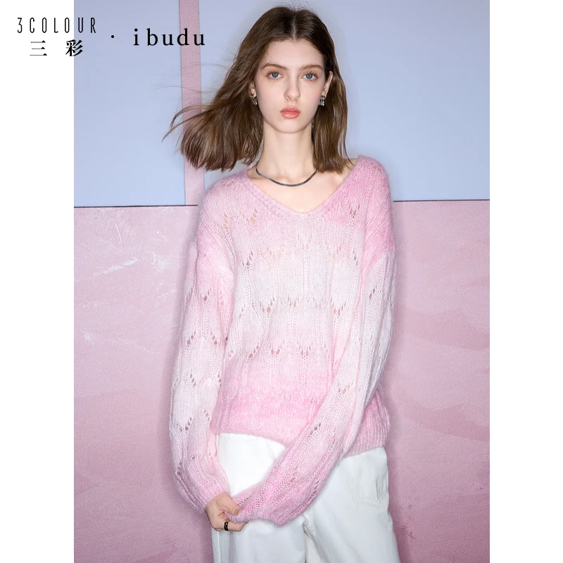 ibudu2025春季新款慵懒风宽松镂空V领灯笼袖毛衣针织衫套头洋气