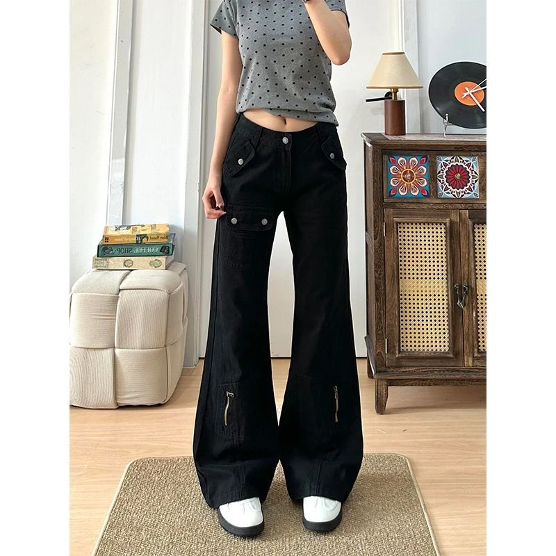 美式设计微喇工装口袋牛仔裤女小个子高腰新款宽松显瘦喇叭拖地裤