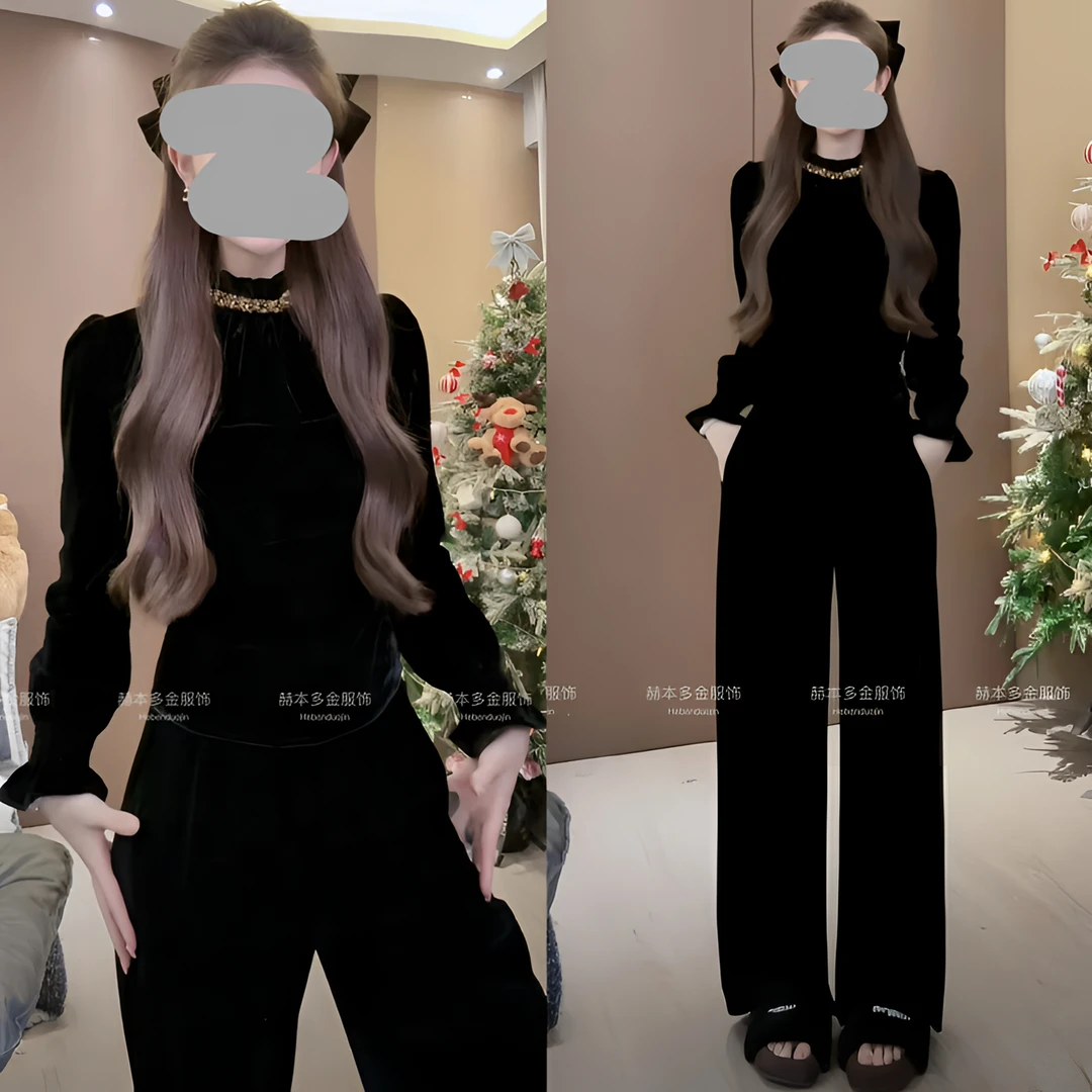 秋冬气质减龄重工半高领丝绒打底衫上衣加绒显瘦百搭休闲裤套装女