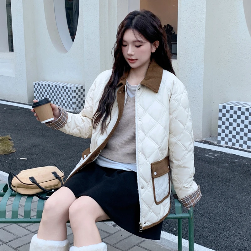 加肥加大码200斤胖mm羽绒服女白鸭绒格纹菱格时尚拼色轻薄款