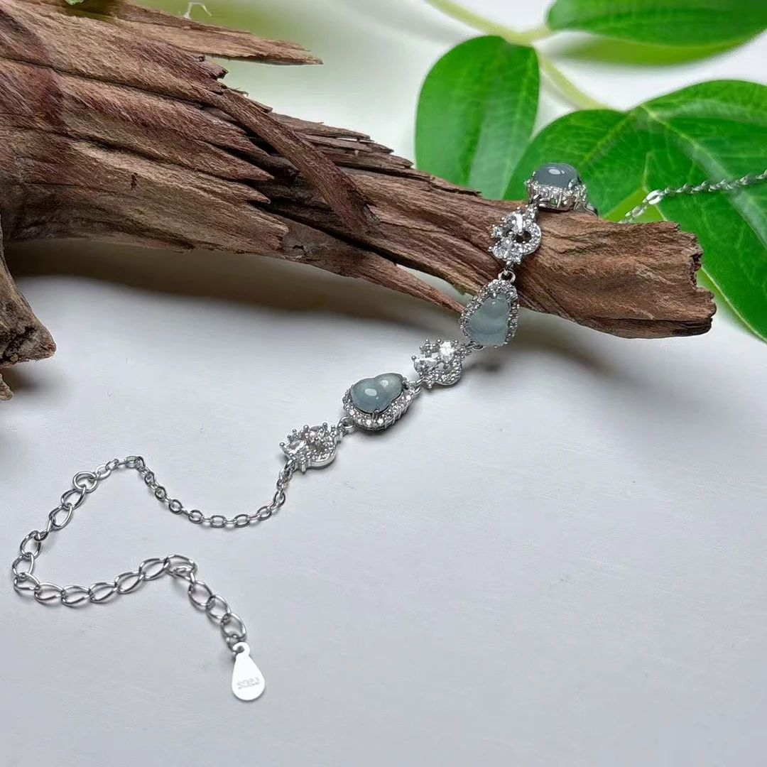 《铁头老猪》FCS-003天然危料翡翠葫芦银镶手链约5*7mm小众气质