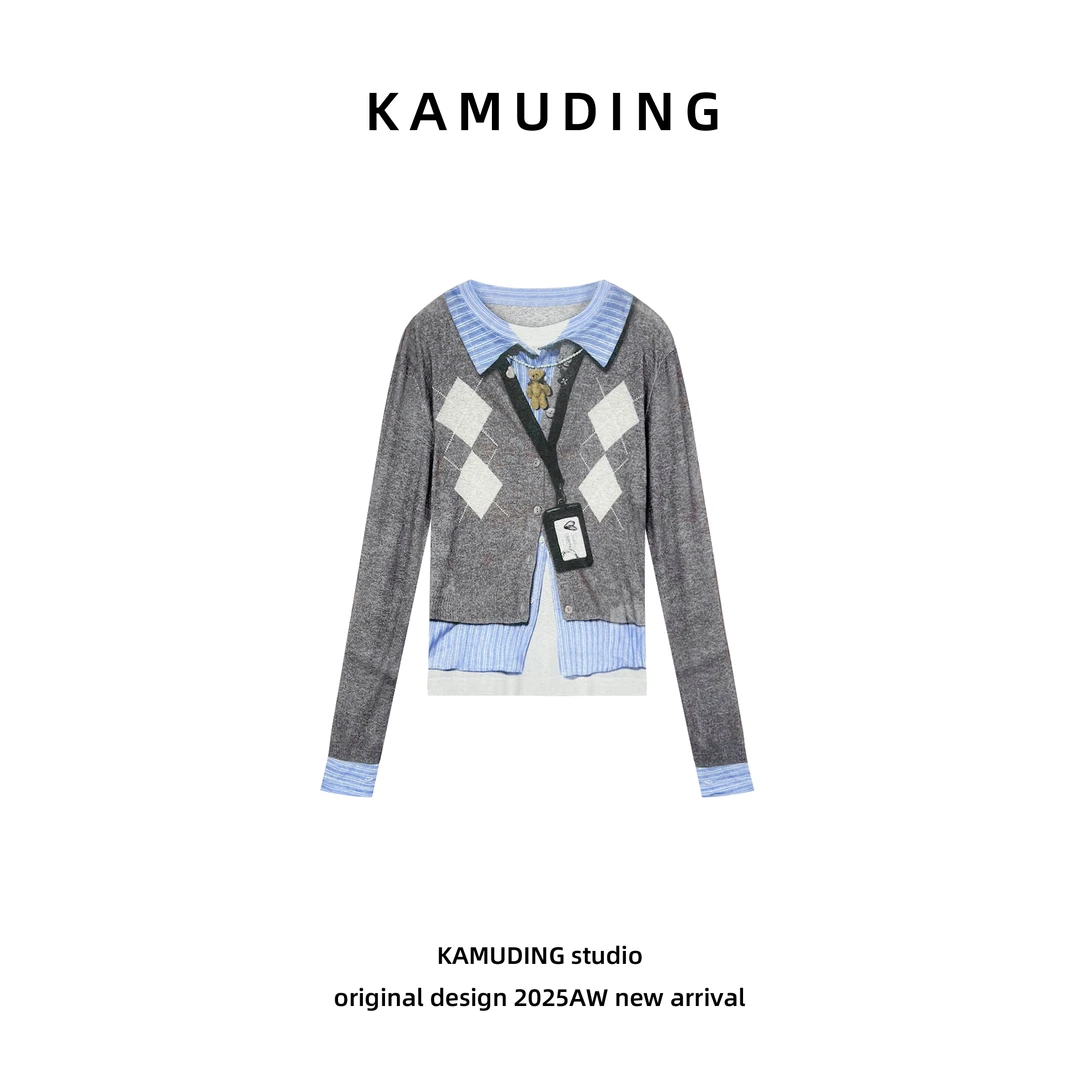 KAMUDING2025新款A57小众时髦高级感菱形格印花柔软上衣25271