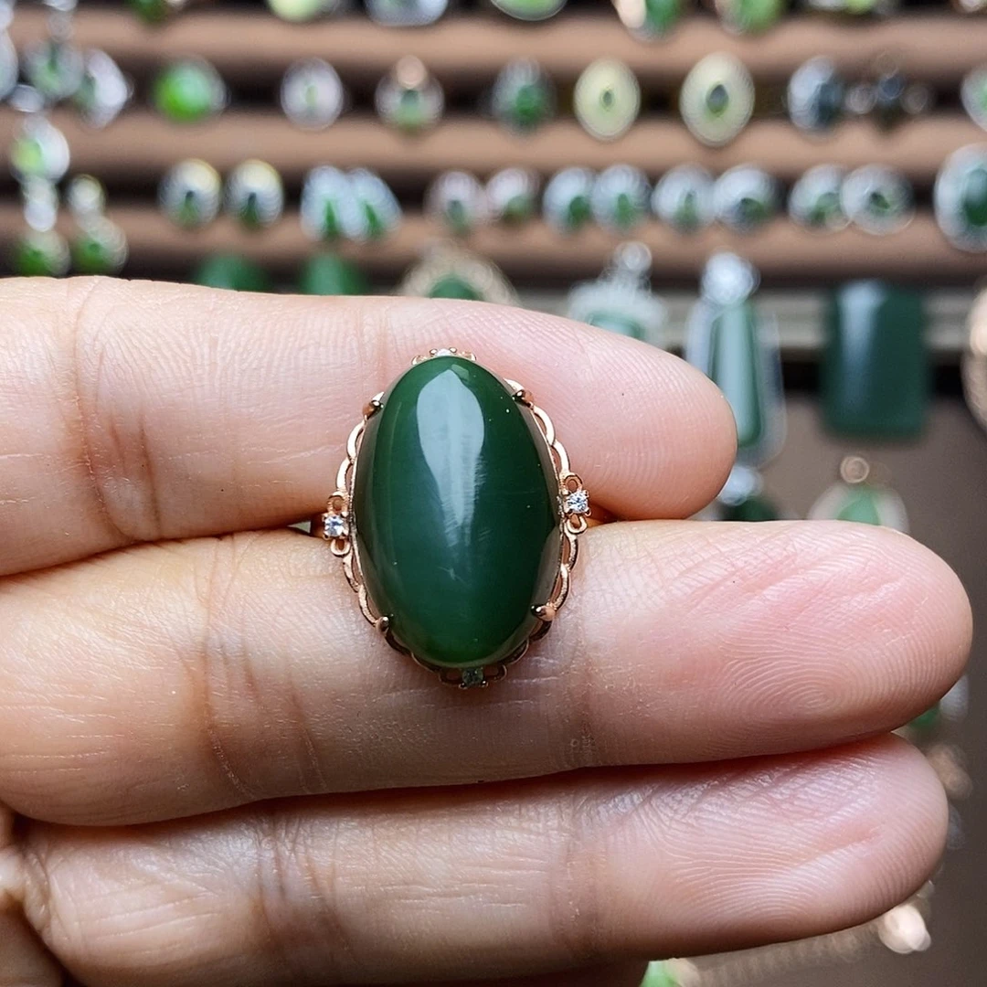 吊坠(不含链)银S925镶嵌和田玉（碧玉）戒指