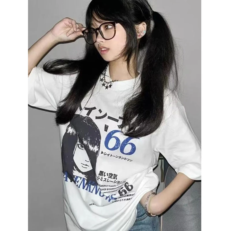 日系复古动漫印花t恤男夏季潮牌手绘人物短袖重磅休闲情侣五分袖