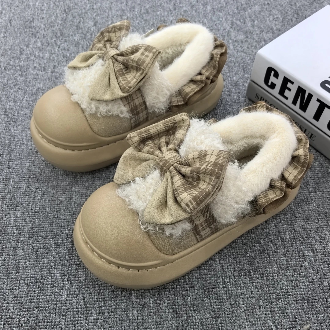 小宁北女士包跟拖鞋室内家用包头厚底棉鞋外穿冬天毛绒蝴蝶结棉鞋