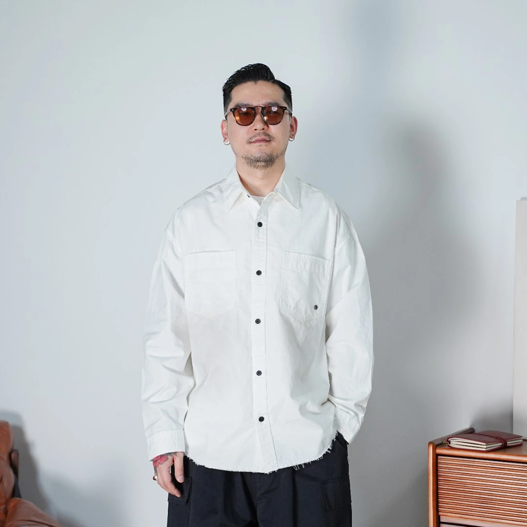 25FW秋季重磅做旧休闲毛边衬衫户外工装宽松衬衣复古简约长袖翻领