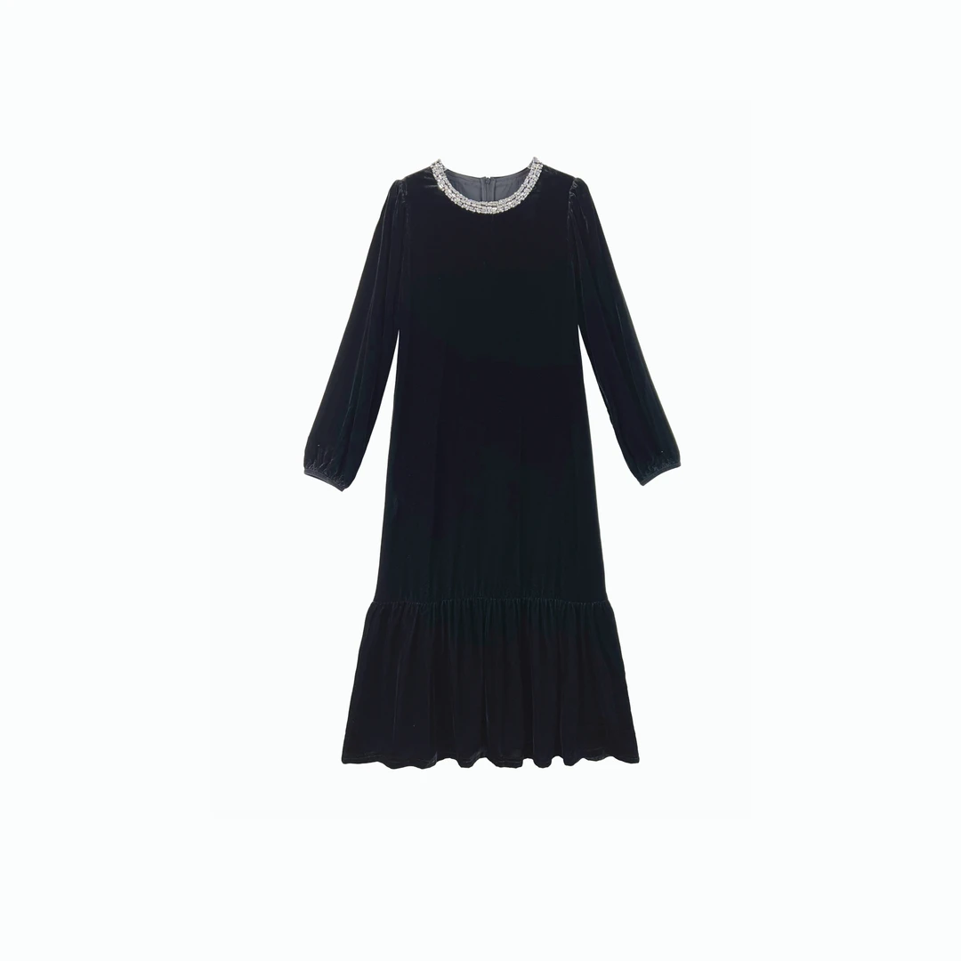 秋冬欧美女装领口钉珠镶边复古优雅丝绒连衣裙G24819M