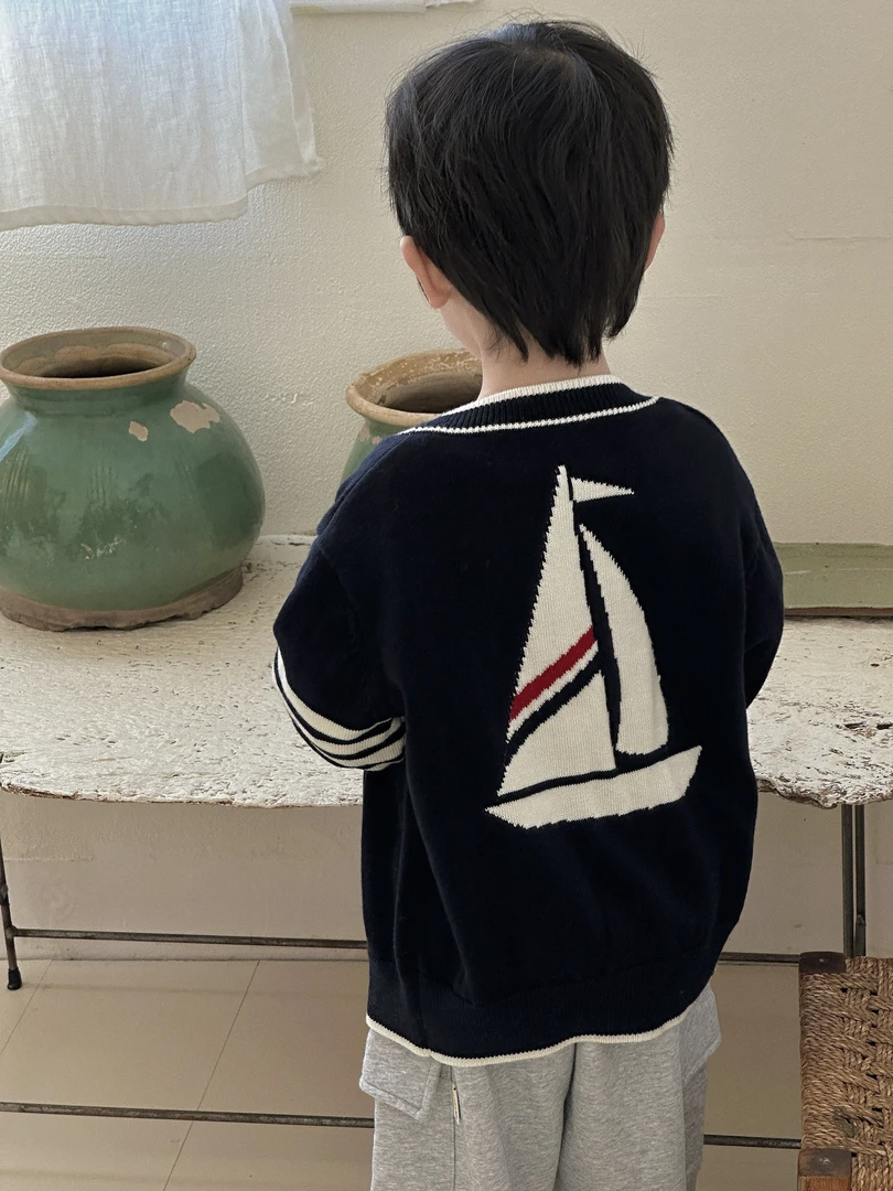 现货2025春【帆船羊毛开衫】33%羊毛混纺48支嵌花针织外套洋气CH835