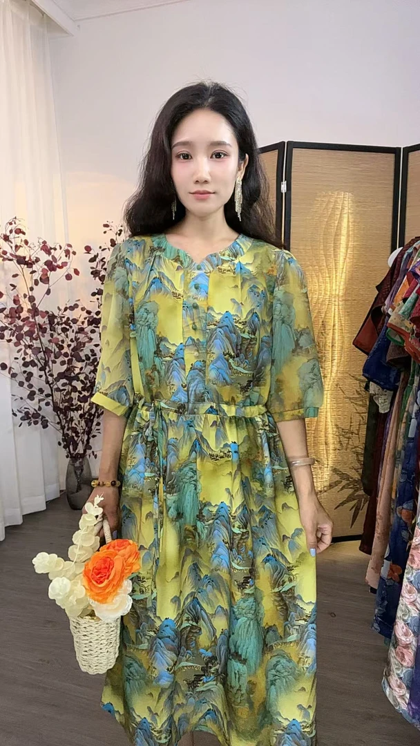 6051-【大好山河】新款舒适时尚女士连衣裙妈妈装