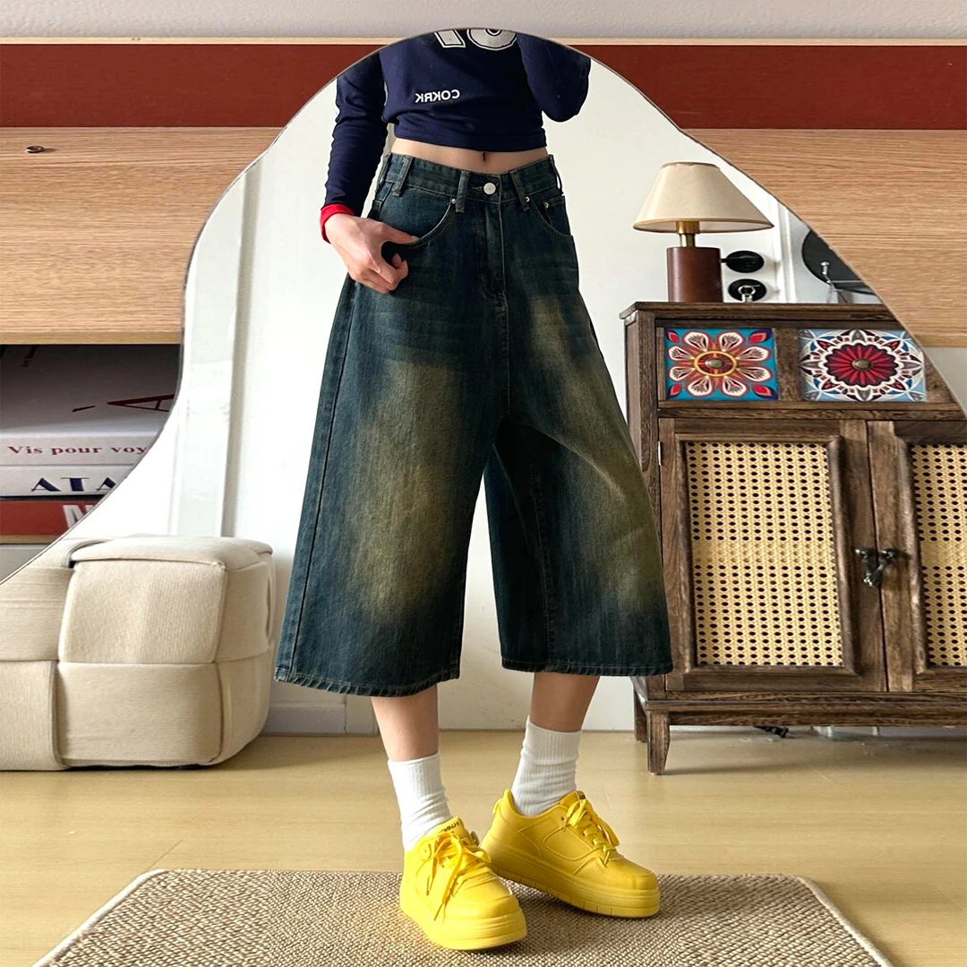 特大码女装美式做旧风高街阔腿牛仔裤女梨型身材高腰显瘦七分裤子